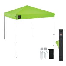 Fully assembled tent is shown with the frame and canopy in place. Accessories are displayed nearby, including the storage bag, canopy top, ropes, stakes, and stake bag.