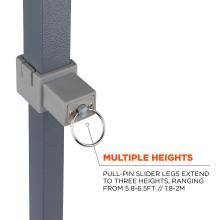 Multiple heights. Pull pin slider legs extend to three heights, ranging from 5.8 ft to 6.5 ft or 1.8 m to 2 m.