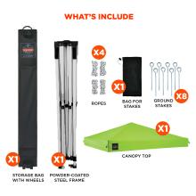 Whats include. Includes one storage bag with wheels, one powder coated steel frame, one canopy top, four ropes, one bag for stakes, and eight ground stakes.
