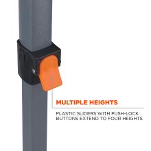 Multiple heights. Pull pin slider legs extend to three heights, ranging from 5.8 ft to 6.5 ft or 1.8 m to 2 m.