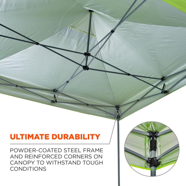 Ultimate durability. Steel frame and reinforced corners on canopy are designed to withstand tough conditions. Reinforced joints and corner construction are highlighted.