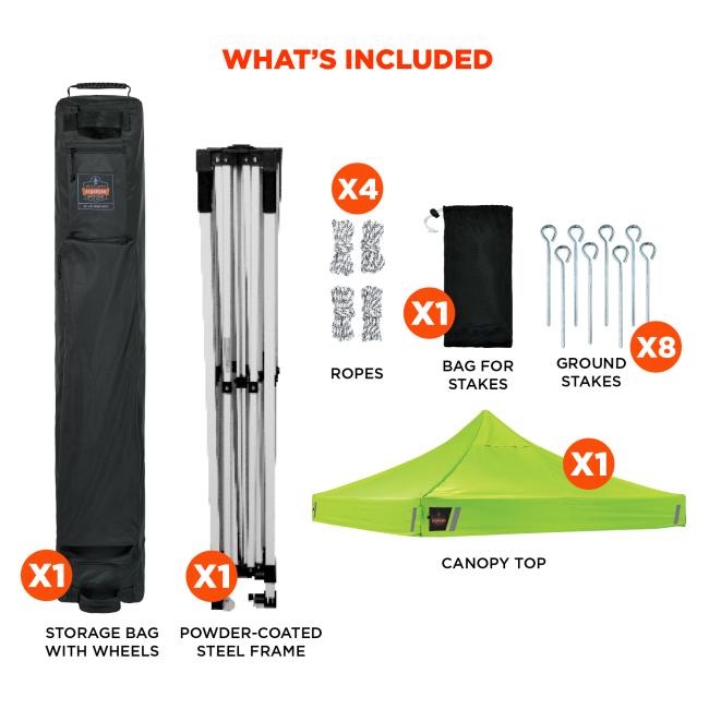 Whats include. Includes one storage bag with wheels, one powder coated steel frame, one canopy top, four ropes, one bag for stakes, and eight ground stakes.