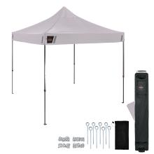 Fully assembled tent is shown with the frame and canopy in place. Accessories are displayed nearby, including the storage bag, canopy top, ropes, stakes, and stake bag .