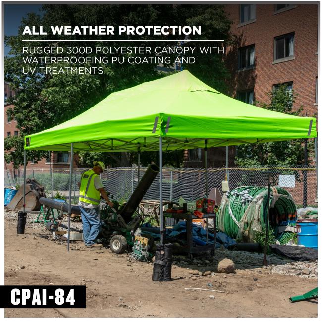 All weather protection. Rugged 300D polyester canopy with waterproofing PU coating and UV treatments. Includes CPAI 84 rating.
