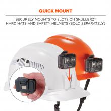 Quick mount: securely mounts to slots on Skullerz hard hats and safety helmets (sold separately)