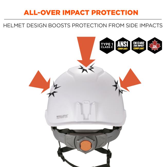 All-over impact protection. Helmet design boosts protection from side impacts. Type 1 Cass E. ANSI/ISEA Z89.1 Compliant. EN12492 Side Impact Compliant. CSA Compliant