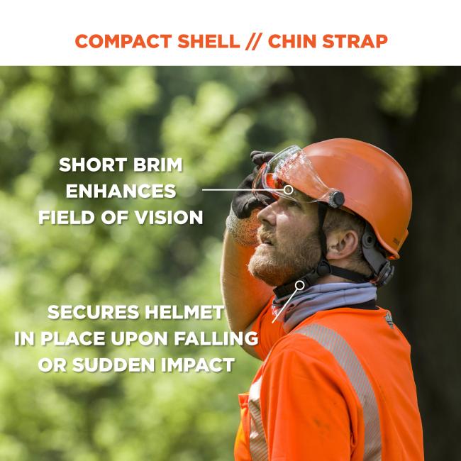 Compact shell // chin strap. Arrow points to brim and says Òshort brim enhances field of visionÓ. Arrow points to strap and says Òsecures helmet in place upon falling or sudden impactÓ .