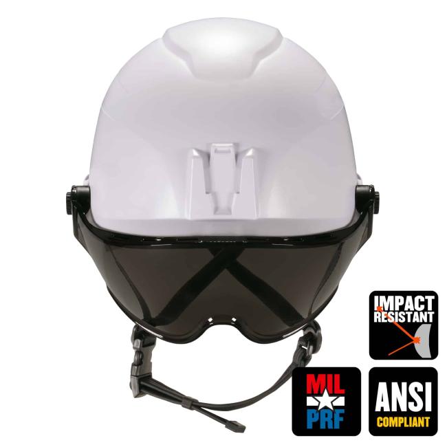 Front of safety helmet and visor. Icons on bottom right say ÒMIL-PRFÓ, ÒImpact resistantÓ, and ÒANSI CompliantÓ