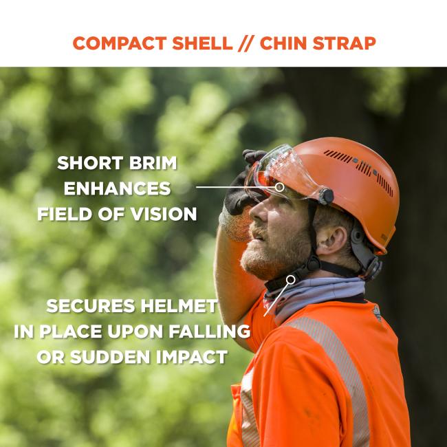 Compact shell // chin strap. Arrow points to brim and says Òshort brim enhances field of visionÓ. Arrow points to a strap and says Òsecures helmet in place upon falling or sudden impactÓ.