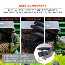 Easy adjustment. One-handed LockFitª ratchet features 36 points of adjustment for a customizable fit. Pull ratchet out. Twist to adjust. Push in to lock. Suspension pivots up and down to clear bandanas and ponytails