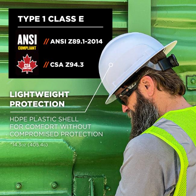 Type 1 Class C. ANSI/ISEA Z89.1-2014, CSA Z94.3 Compliant. Lightweight protection. HDPE plastic shell for comfort without compromised protection. 14.3oz (405.4g)