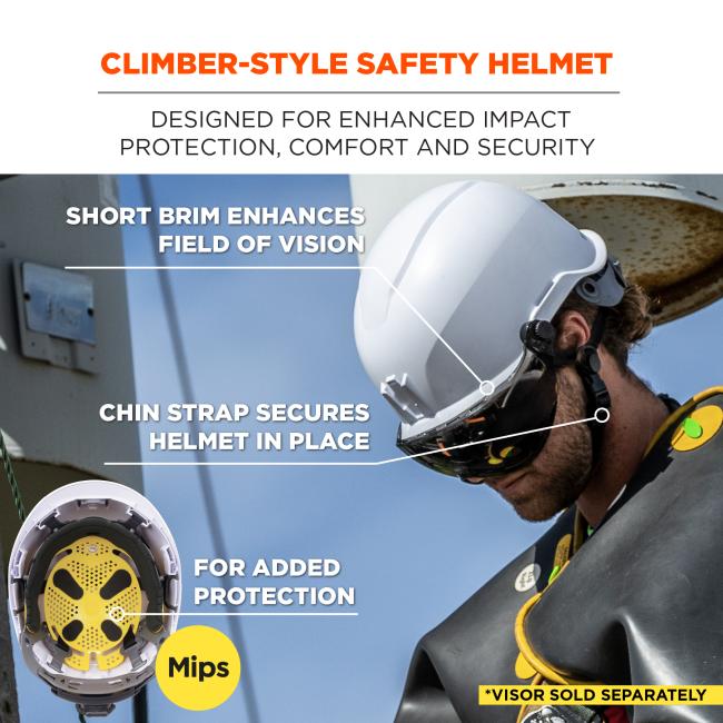 Climber-style safety helmet: designed for enhanced impact protection, comfort and security. Short brim enhances field of vision, chin strap secures helmet in place, Mips for added protection. *Visor sold separately.