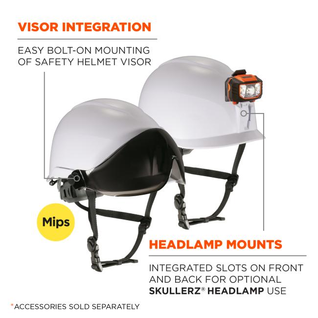 Visor integration: easy bolt-on mounting of safety helmet visor. Headlamp mounts: Integrated slots on front and back for optional Skullerz Headlamp use. *accessories sold separately.