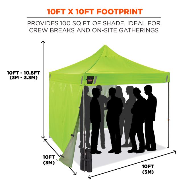 10FT X 10FT FOOTPRINT. Provides 100 SQ FT of shade ideal for crew breaks and on site gatherings. Height range is 10FT to 10.8FT which equals 3M to 3.3M. Base dimensions are 10FT by 10FT which equals 3M by 3M.