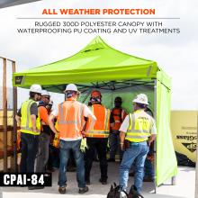 ALL WEATHER PROTECTION. Rugged 300D polyester canopy with waterproofing PU coating and UV treatments. Meets CPAI 84 requirements .