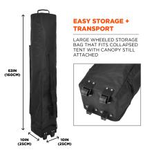 EASY STORAGE PLUS TRANSPORT. Large wheeled storage bag that fits collapsed tent with canopy still attached. Bag dimensions are 63IN which equals 160CM in height and 10IN by 10IN which equals 25CM by 25CM.