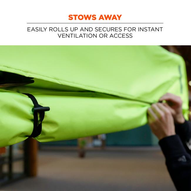 STOWS AWAY. Easily rolls up and secures for instant ventilation or access.