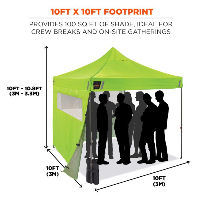 10FT X 10FT FOOTPRINT. Provides 100 SQ FT of shade ideal for crew breaks and on site gatherings. Height range is 10FT to 10.8FT which equals 3M to 3.3M. Base dimensions are 10FT by 10FT which equals 3M by 3M.
