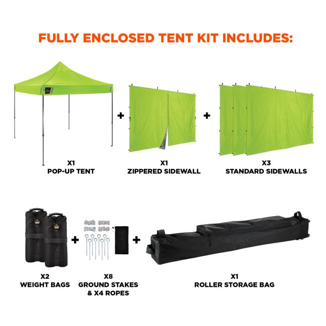 FULLY ENCLOSED TENT KIT INCLUDES. One pop up tent. One zippered sidewall. Three standard sidewalls. Two weight bags. Eight ground stakes and four ropes. One roller storage bag.