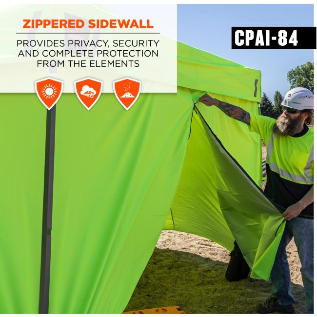ZIPPERED SIDEWALL. Provides privacy security and complete protection from the elements. Product meets CPAI 84 requirements .