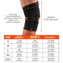 Small (S): Top of Support 7.4IN (18.8CM), Bottom of Support 5IN (12.7CM), Fits Knees 13–14IN (33–36CM). Medium (M): Top of Support 7.5IN (19CM), Bottom of Support 5.75IN (14.6CM), Fits Knees 14–15IN (36–38CM). Large (L): Top of Support 8IN (20.3CM), Bottom of Support 6.25IN (15.9CM), Fits Knees 15–16IN (38–41CM). Extra Large (XL): Top of Support 8.5IN (21.6CM), Bottom of Support 6.75IN (17.1CM), Fits Knees 16–18IN (41–46CM). 2X Large (2XL): Top of Support 9IN (22.9CM), Bottom of Support 7.25