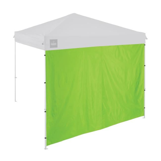 Shows a pop up tent sidewall installed on a shelter frame. The image demonstrates how the sidewall attaches to the tent legs to create an enclosed side.