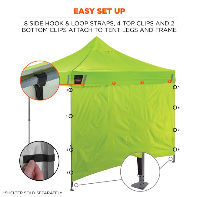Easy set up. Eight side hook and loop straps, four top clips and two bottom clips attach to tent legs and frame. Shelter sold separately.