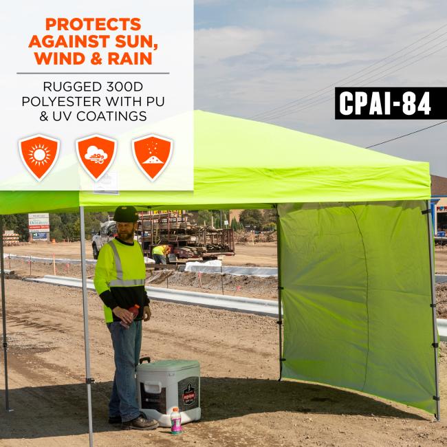 Protects against sun, wind and rain. Rugged 300D polyester with PU and UV coatings. CPAI 84 rating is shown.