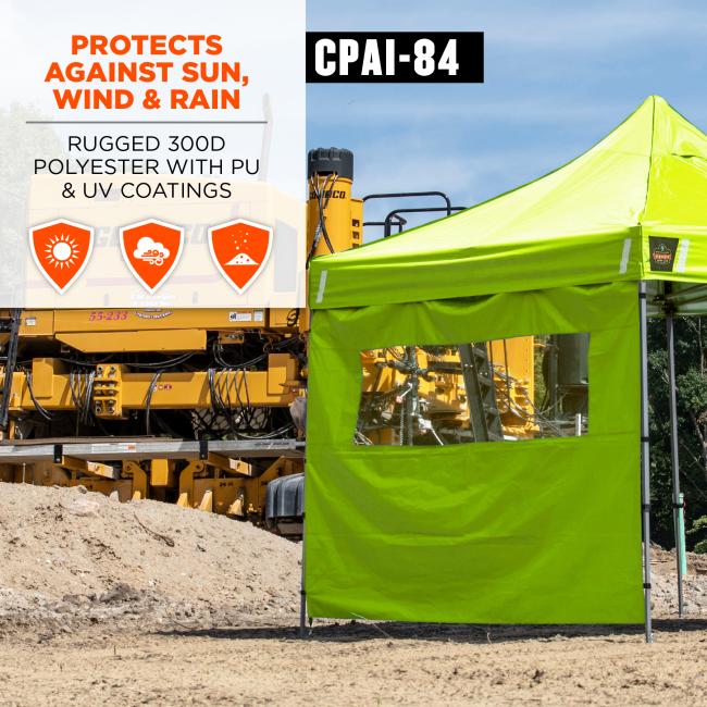 Protects against sun, wind and rain. Rugged 300D polyester with PU and UV coatings. CPAI 84 rating is shown.
