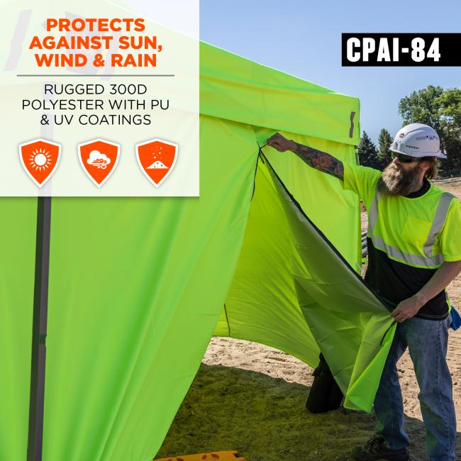 Protects against sun, wind and rain. Rugged 300D polyester with PU and UV coatings. CPAI 84 rating is shown.