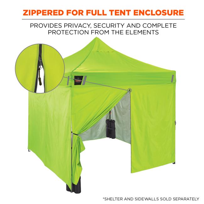 Zippered for full tent enclosure. Provides privacy, security and complete protection from the elements. Shelter and sidewalls sold separately.