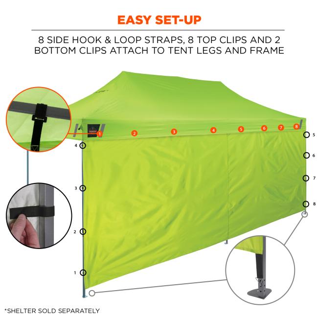 Easy set up. Eight side hook and loop straps, eight top clips and two bottom clips attach to tent legs and frame. Shelter sold separately.