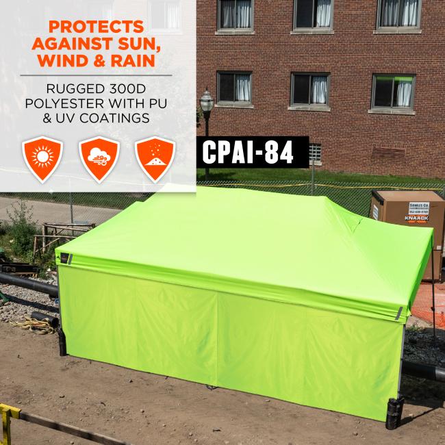 Protects against sun, wind and rain. Rugged 300D polyester with PU and UV coatings. CPAI 84 rating is shown.