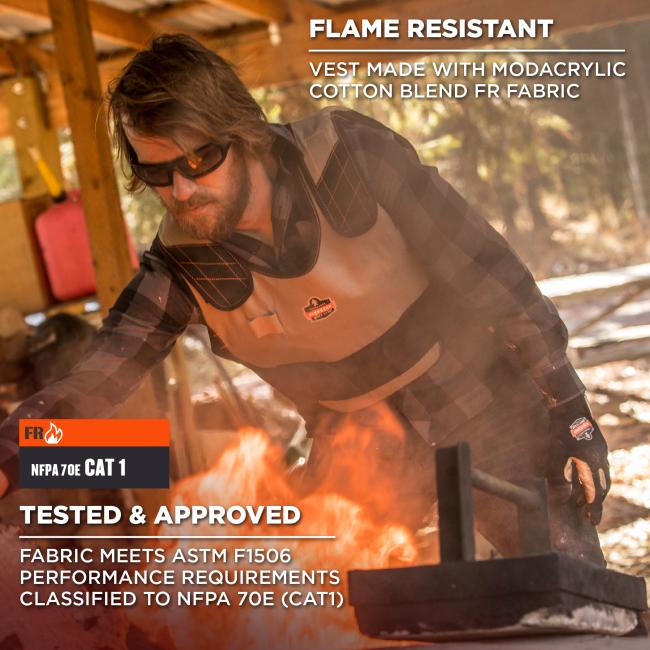 Flame resistant: vest made with modacrylic cotton blend FR fabric. Tested & approved: fabric meets ASTM F1506 performance requirements. Classified to NFPA 70e (CAT1)