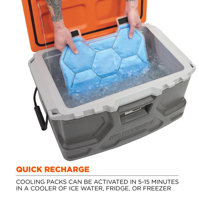 Quick recharge: cooling packs can be activated in 5-15 minutes in a cooler of ice water, fridge or freezer. Image shows person putting packs into cooler full of ice.