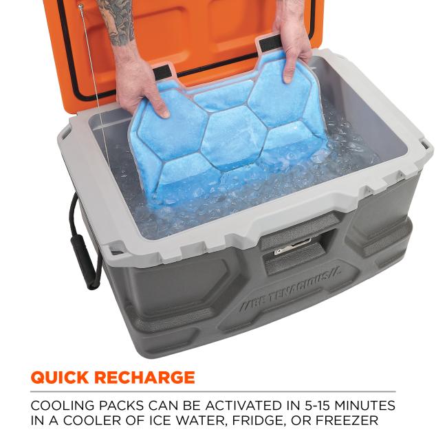 Quick recharge: cooling packs can be activated in 5-15 minutes in a cooler of ice water, fridge or freezer. Image shows person putting packs into cooler full of ice.