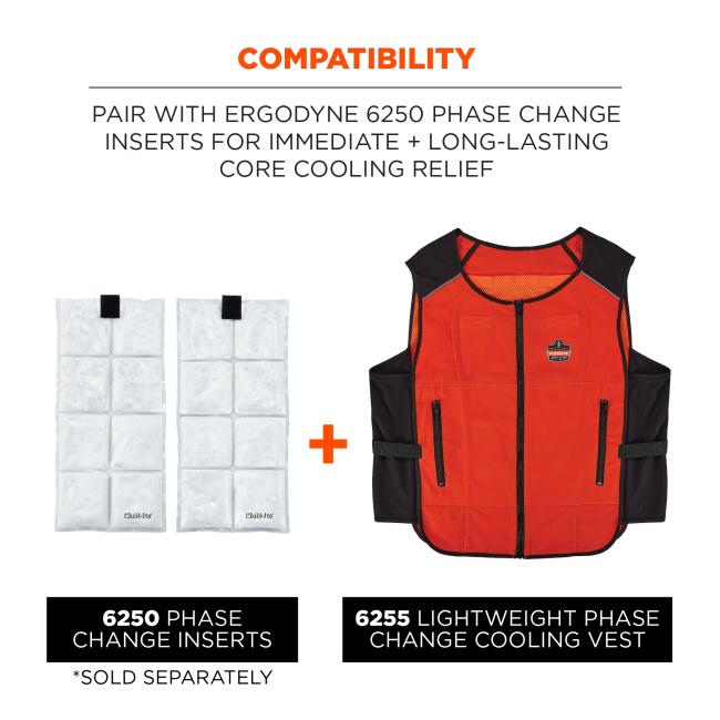Compatibility: pair with Ergodyne 6250 phase change inserts for immediate and long-lasting core cooling relief. 6250 phase change inserts go inside 6255 lightweight phase change cooling vest. 6250 inserts sold separately. 