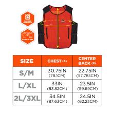 The image shows a vest measurement diagram labeled A for chest and B for center back along with a size table titled Size Chest A Center Back B. Small Medium S M chest 30.75IN 78.1CM center back 22.75IN 57.785CM. Large Extra Large L XL chest 33IN 83.82CM center back 23.5IN 59.69CM. 2 Large 3XL 2L 3XL chest 34.5IN 87.63CM center back 24.5IN 62.23CM. The icons shown include Machine Washable and Hang To Dry .