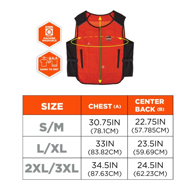 The image shows a vest measurement diagram labeled A for chest and B for center back along with a size table titled Size Chest A Center Back B. Small Medium S M chest 30.75IN 78.1CM center back 22.75IN 57.785CM. Large Extra Large L XL chest 33IN 83.82CM center back 23.5IN 59.69CM. 2 Large 3XL 2L 3XL chest 34.5IN 87.63CM center back 24.5IN 62.23CM. The icons shown include Machine Washable and Hang To Dry .