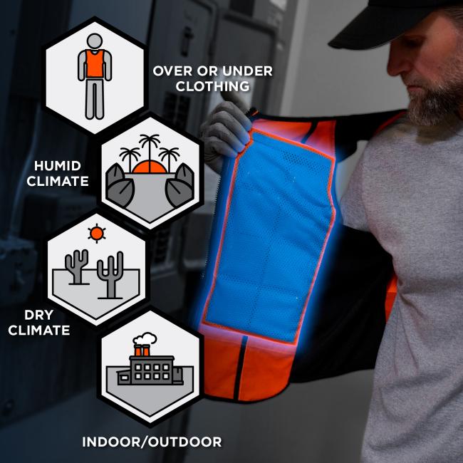  Cooling vest can be worn over or under clothing, in humid climates, dry climates, indoors and outdoors. 