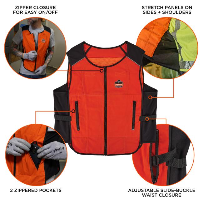  Cooling vest features 2 zippered pockets, zipper closure for easy on and off, stretch panels on sides and shoulders, and adjustable slide-buckle waist closure.