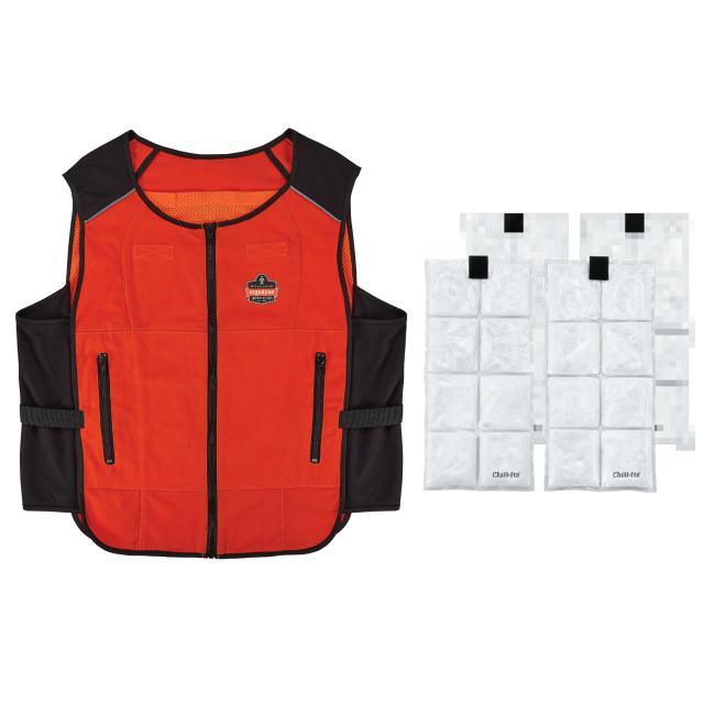 Orange lightweight cooling vest and 4 packs of phase change cooling inserts