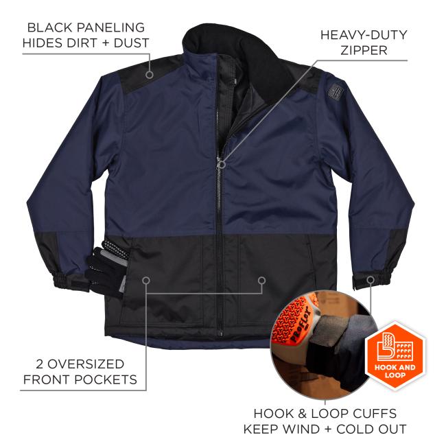 Black paneling hides dirt plus dust. Heavy duty zipper. Two oversized front pockets. Hook and loop cuffs keep wind plus cold out.