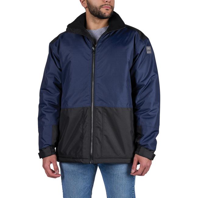 Front view of essential insulated freezer jacket on model