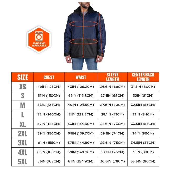 Size chart. Extra Small XS chest 49IN 125CM waist 43IN 109.2CM sleeve length 26.6IN 68CM center back length 31.5IN 80CM. Small S chest 51IN 130CM waist 46IN 116.8CM sleeve length 27.1IN 69CM center back length 32IN 81CM. Medium M chest 53IN 135CM waist 49IN 124.5CM sleeve length 27.6IN 70CM center back length 32.5IN 83CM. Large L chest 55IN 140CM waist 51IN 129.5CM sleeve length 28.1IN 71CM center back length 33IN 84CM. Extra Large XL chest 57IN 145CM waist 53IN 134.6CM sleeve length 28.6IN 73CM center back