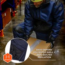 300D Oxford polyester shell plus 160G quilted insulation.