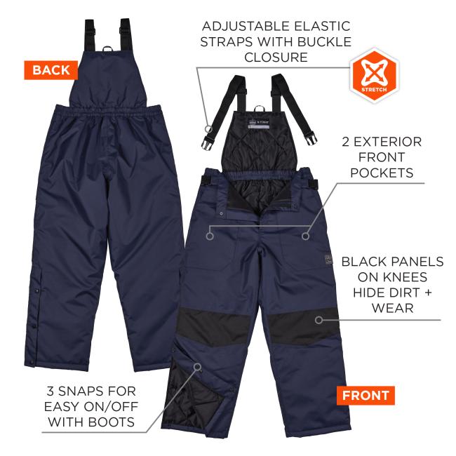 Adjustable elastic straps with buckle closure. Two exterior front pockets. Black panels on knees hide dirt plus wear. Three snaps for easy on off with boots. Stretch.