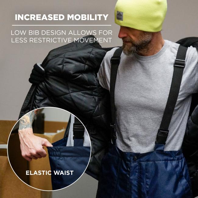 Increased mobility. Low bib design allows for less restrictive movement. Elastic waist.
