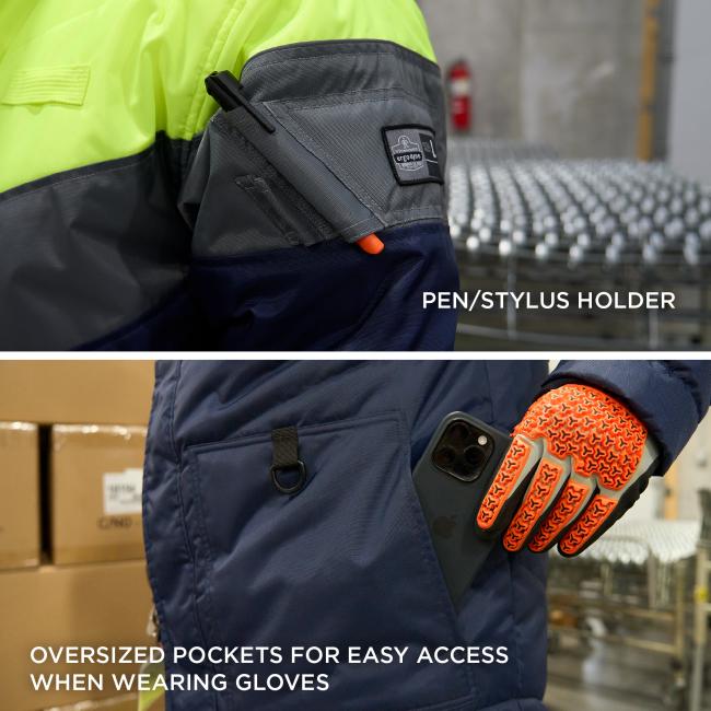 Technology features include a pen/stylus holder as well as oversized pockets for easy access when wearing gloves