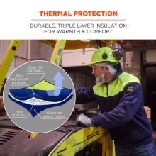 Thermal Protection. This jacket provides durable, triple-layer insulation for superior warmth and comfort. It is constructed with 300g 75D softshell material, 330g sweatshirt material, and 80g polyfill, all lined with a polyester jersey lining to maximize insulation and ensure long-lasting wear in cold environments. Model is 6 foot 1 inch and wearing size large.